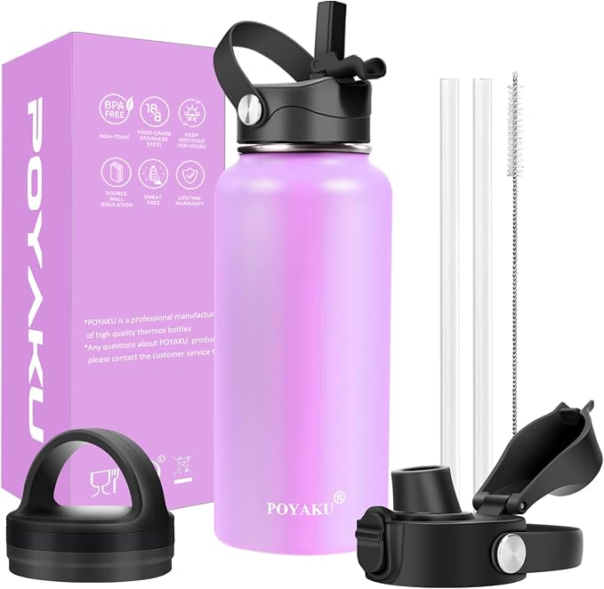 Water Bottle Insulated 32oz 40oz 64oz 128oz Straw Lid Spout Lid & 3 Lids by POYAKU