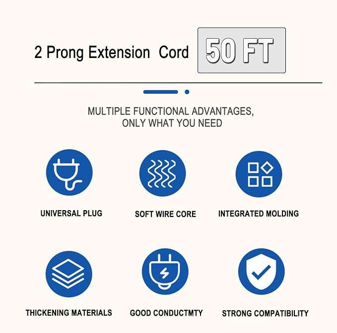 50 ft Extension Cord, 2 Prong Indoor Power Cord, 18AWG SPT-2 Flat Cord Design - Image 2