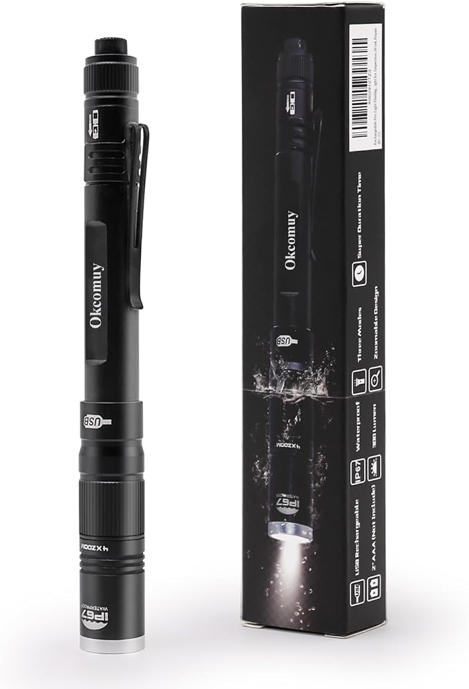 okcomuy Rechargeable LED Pen Light Flashlight, 300 Lumens IP67 Waterproof - Image 8