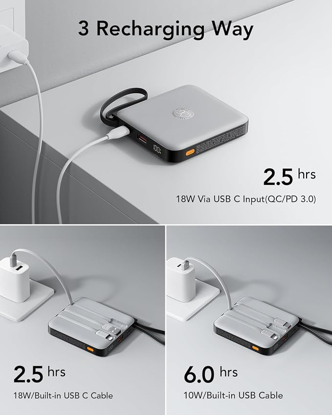 VRURC Portable Charger with Built-in Cable, 10000mAh 22.5W Fast Charging USB C - Image 5