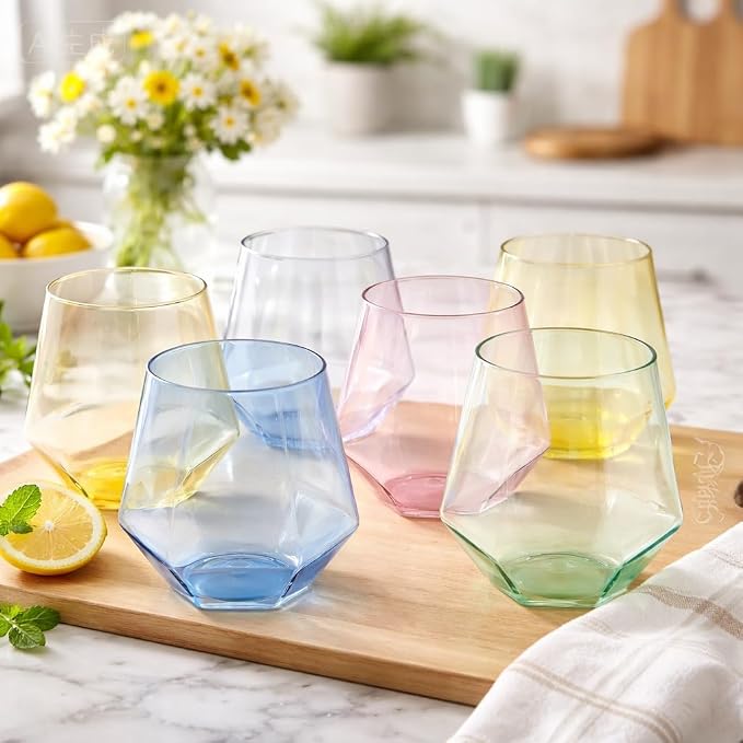 Oojami 40 Pack Diamond Plastic Wine Glasses 12oz Gold Rim Stemless Disposable - Image 2