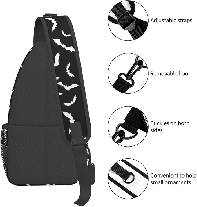 Bat Crossbody Sling Bags for Women Men White Flying Bats Silhouettes on Black - Image 4
