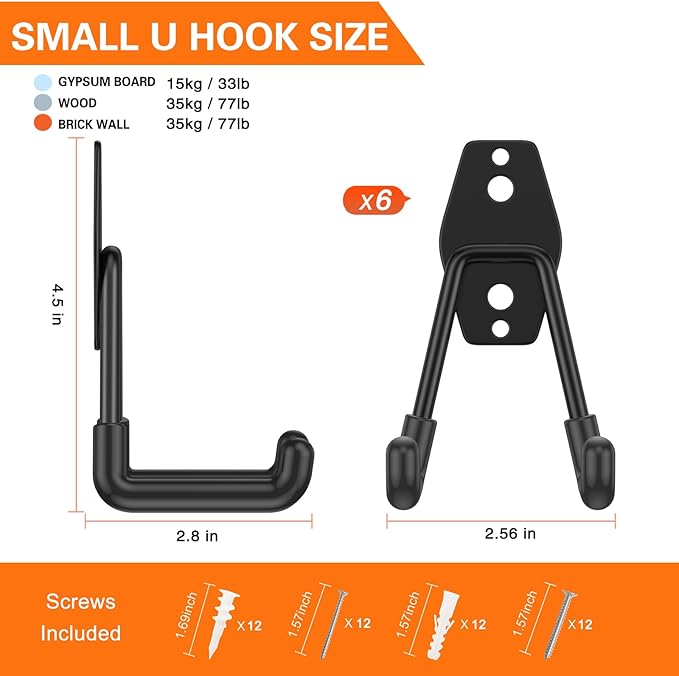 HUPBIPY Heavy Duty Garage Hooks 6 Pack, 2.8 inch Small U Shaped Hanger - Image 2