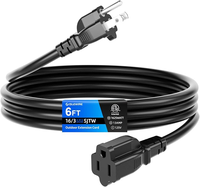 6 FT Outdoor Extension Cord Waterproof, 3-Prong Power Cord, 16 AWG SJTW by ISLEWIRE