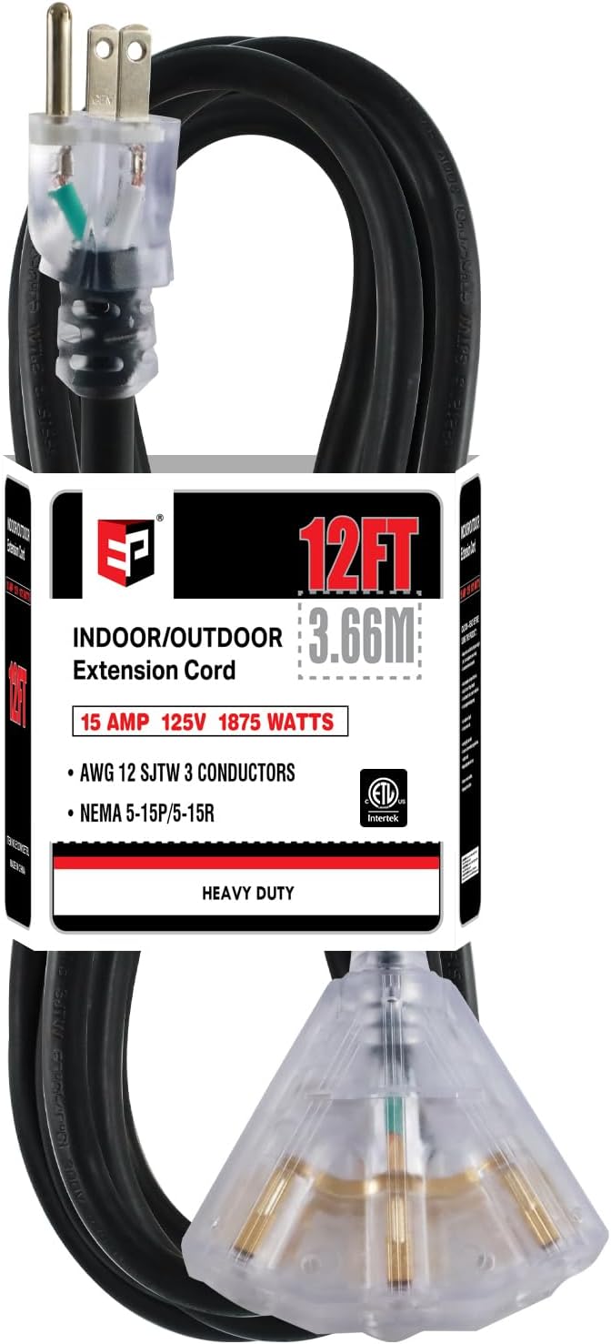 EP 12 Ft 12 Gauge Heavy Duty Extension Cord, 15A 125V 1875W, 3 Outlet by ENERGYPRO