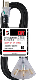 EP 12 Ft 12 Gauge Heavy Duty Extension Cord, 15A 125V 1875W, 3 Outlet by ENERGYPRO