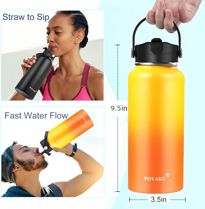 Water Bottle Insulated 32oz 40oz 64oz 128oz Straw Lid Spout Lid & 3 Lids - Image 3