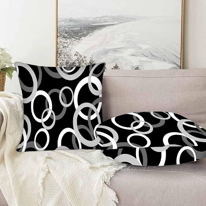 Abstract Geometric Circle 18 X 18 Pillow Covers Black White Decor Artwork Set - Image 5