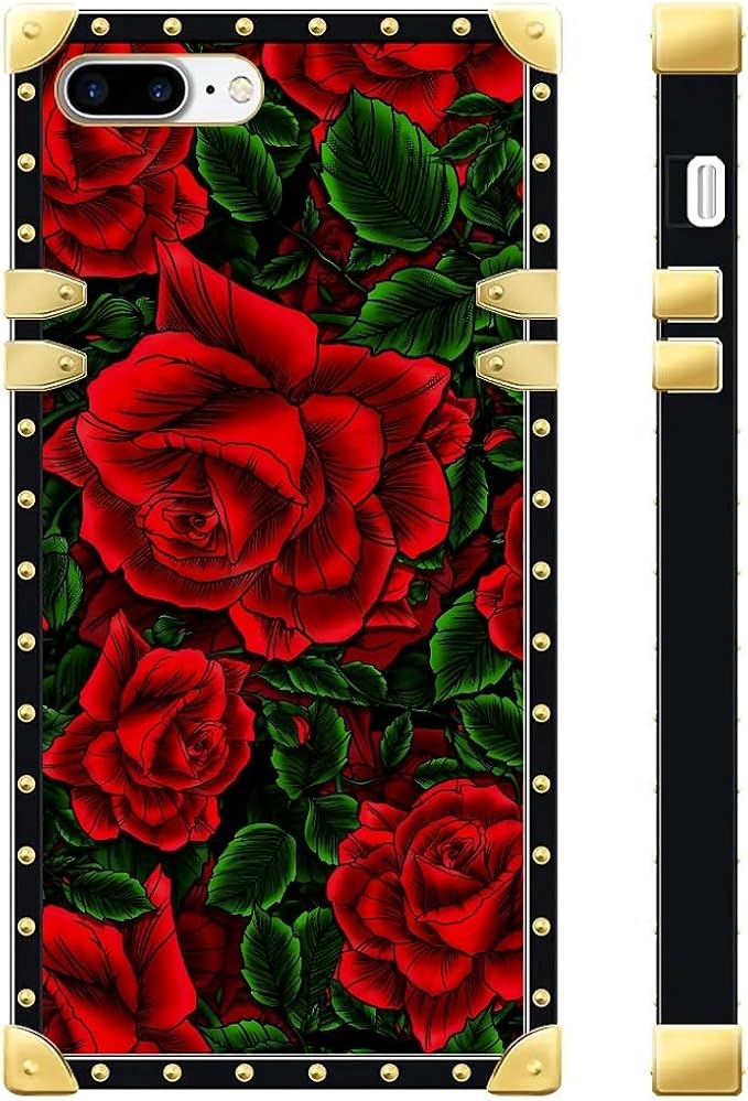 Compatible with iPhone 8 7 SE Case, Vector Red Rose Green Leaf Luxury Golden - Image 2