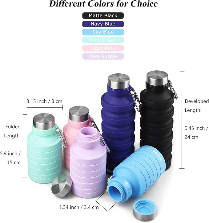 Nefeeko Collapsible Water Bottle, Reuseable BPA Free Silicone Foldable Water - Image 6