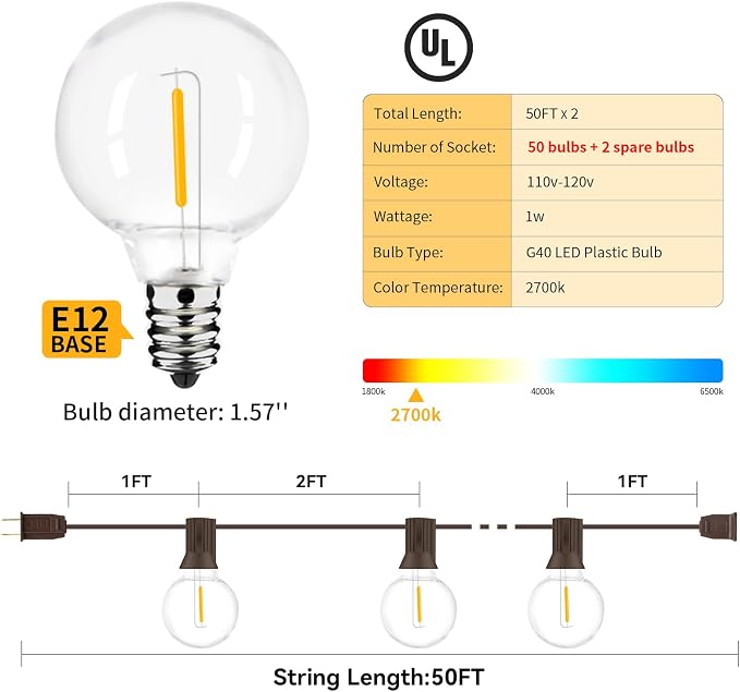 100ft 2-Pack Outdoor String Lights, Dimmable G40 LED String Lights - Image 5