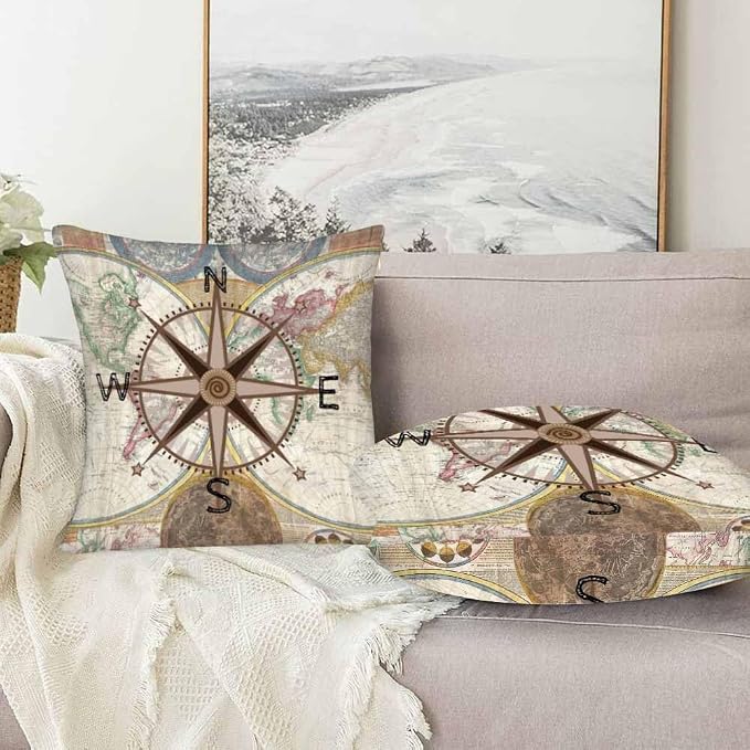 Nautical Compass Throw Pillow Covers 18x18 Historical World Map Earth - Image 5