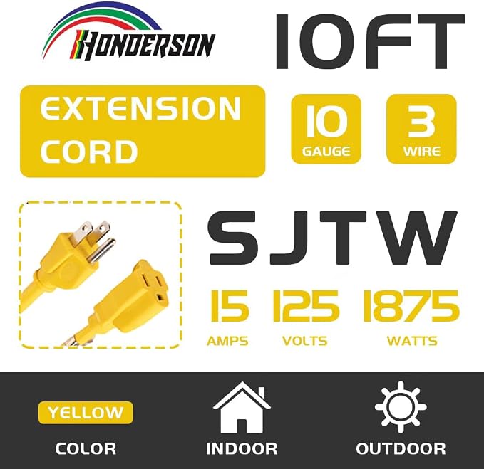 Indoor Outdoor Extension Cord Weatherproof, UL Certified, 10 Gauge 10FT Yellow - Image 2