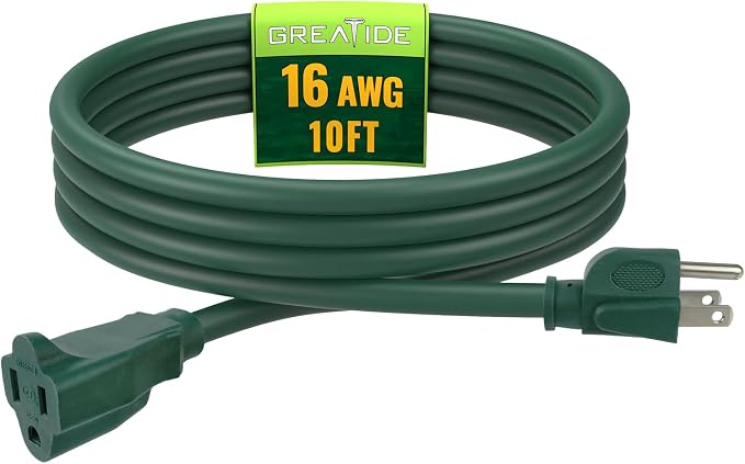 Indoor Outdoor Extension Cord 10 FT, 16/3 SJTW Weatherproof Green Electrical by GREATIDE