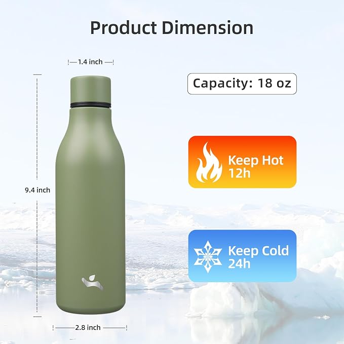 Insulated Water Bottle with Strap, 18 oz Double Wall Stainless Steel Vacuum - Image 2