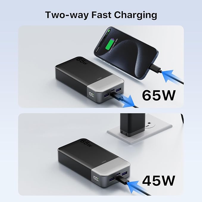 JUOVI Portable Charger 65W Power Bank 20000mAh Compact USB C Laptop Power Bank - Image 4