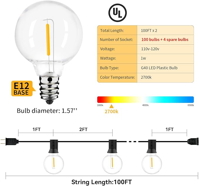 200ft 2-Pack Outdoor String Lights, Dimmable G40 LED String Lights - Image 5