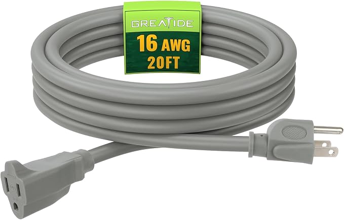 Indoor Outdoor Extension Cord 20 FT, 16/3 SJTW Weatherproof Grey Electrical by GREATIDE