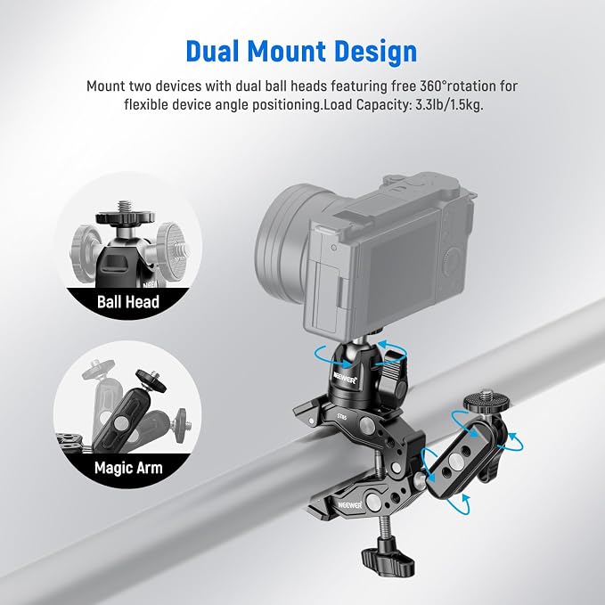 NEEWER Super Clamp with 3" Dual Ballhead Magic Arm, Ball Head Adapter, Cold Shoe - Image 3