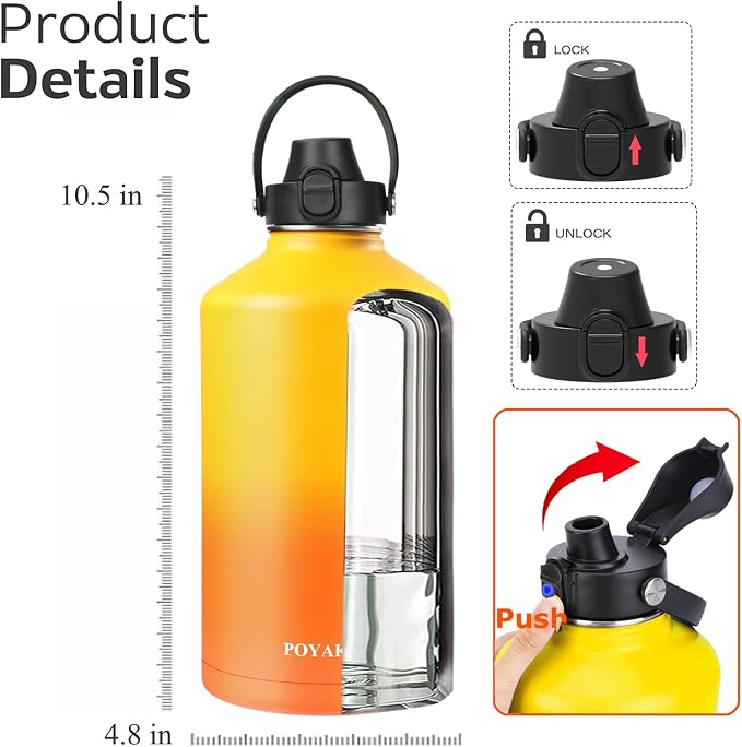 Water Bottle Insulated 32oz 40oz 64oz 128oz Straw Lid Spout Lid & 3 Lids - Image 2
