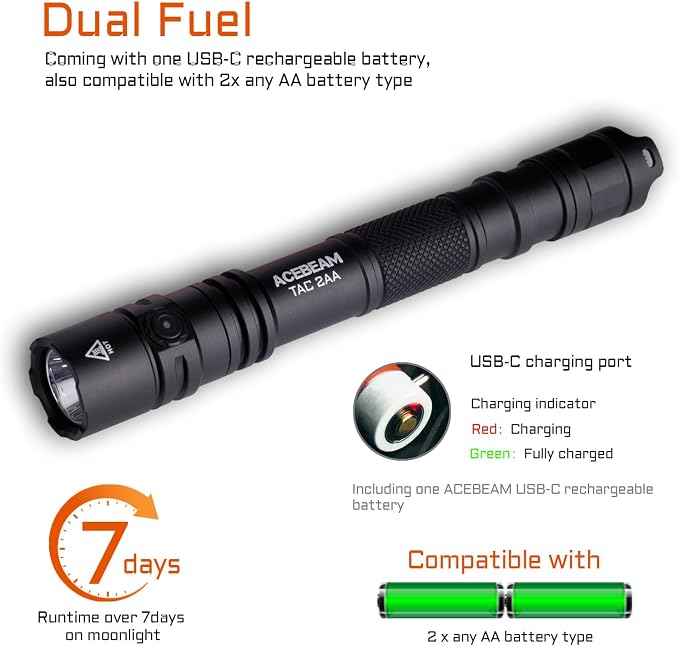 ACEBEAM TAC 2AA EDC Tactical Dual Modes Flashlight Rechargeable, 1600 High - Image 5