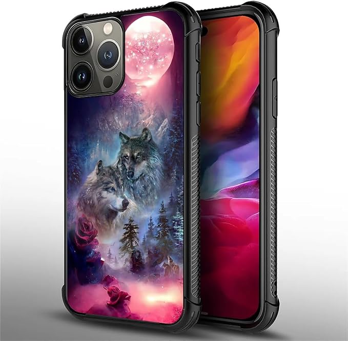 for iPhone 15 Pro Max Case, Star Two Wolfs Howling Pattern Graphic Design Girl - Image 3