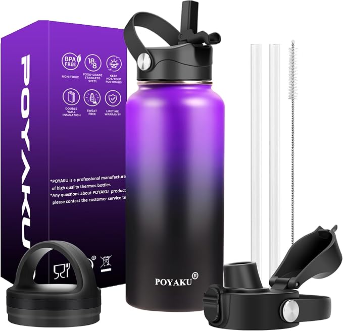 Water Bottle Insulated 32oz 40oz 64oz 128oz Straw Lid Spout Lid & 3 Lids by POYAKU