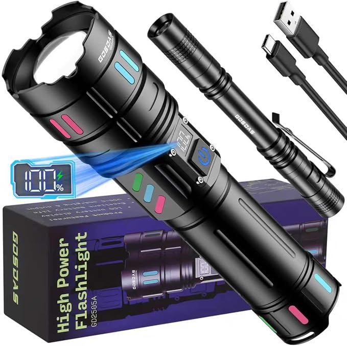 Rechargeable Flashlights High Lumens 100000 Long Distance, Single Click 3 Modes by Gosdas