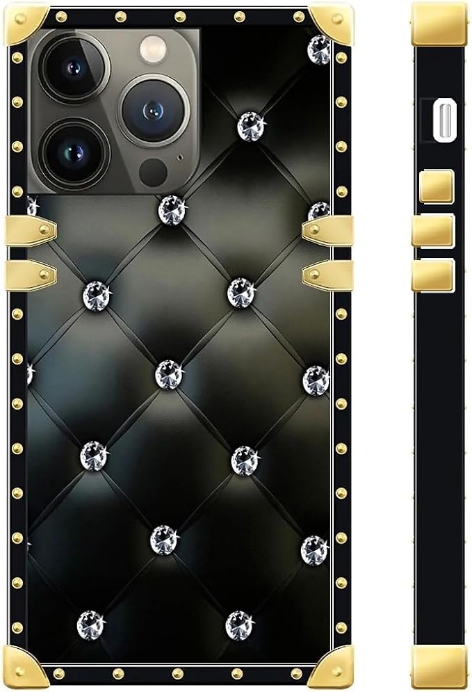 Compatible with iPhone 15 Pro Case, Shiny Black Sofa Crystal Luxury Golden - Image 3