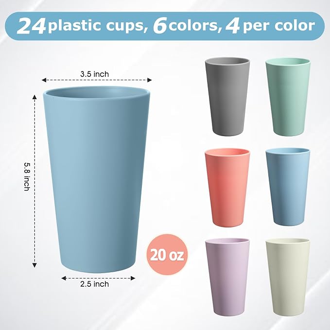 24 Pcs Unbreakable Plastic Cups Set, 20 oz Reusable Plastic Cups, Stackable - Image 2