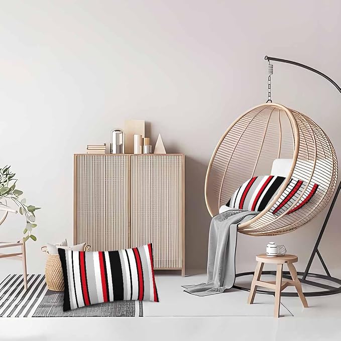 Vertical Lines Striped Pillow Covers 12 X 20 Black White Grey Red Watercolor - Image 8
