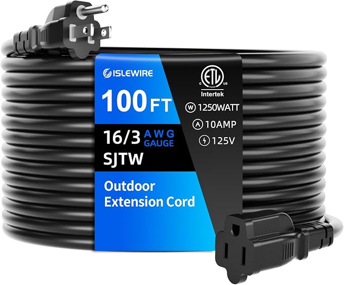 100 FT Outdoor Extension Cord Waterproof, 3-Prong Power Cord, 16 AWG SJTW by ISLEWIRE