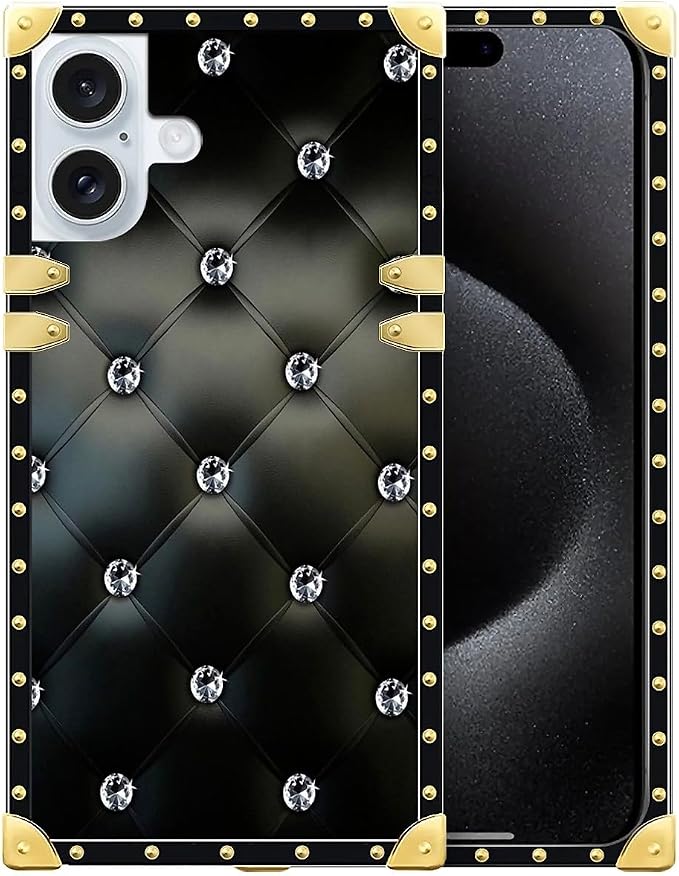 Compatible with iPhone 16 Case, Shiny Black Sofa Crystal Luxury Golden by Unknown