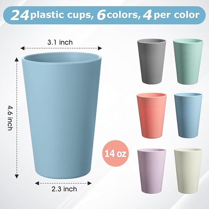 24 Pcs Unbreakable Plastic Cups Set, 14 oz Reusable Plastic Cups, Stackable - Image 2