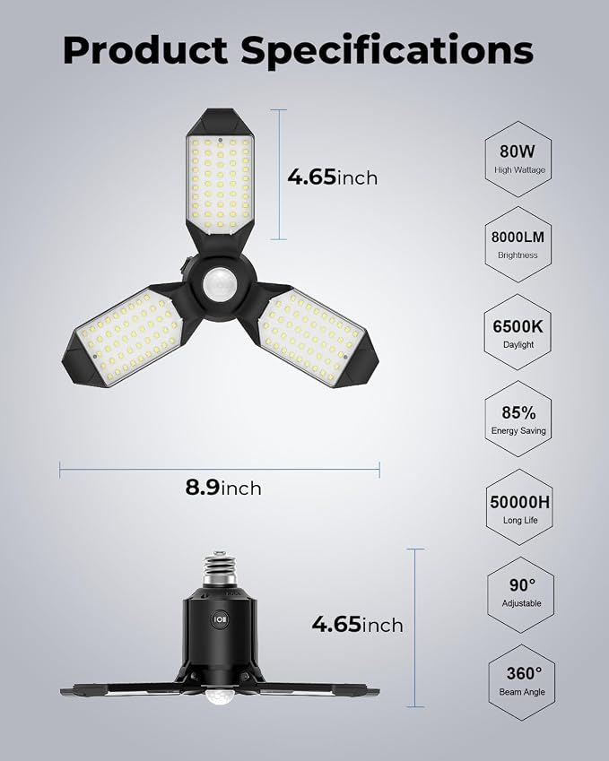 toberich Motion Sensor Garage Light, 8000LM Motion Sensor Shop Light w/ 3 - Image 7