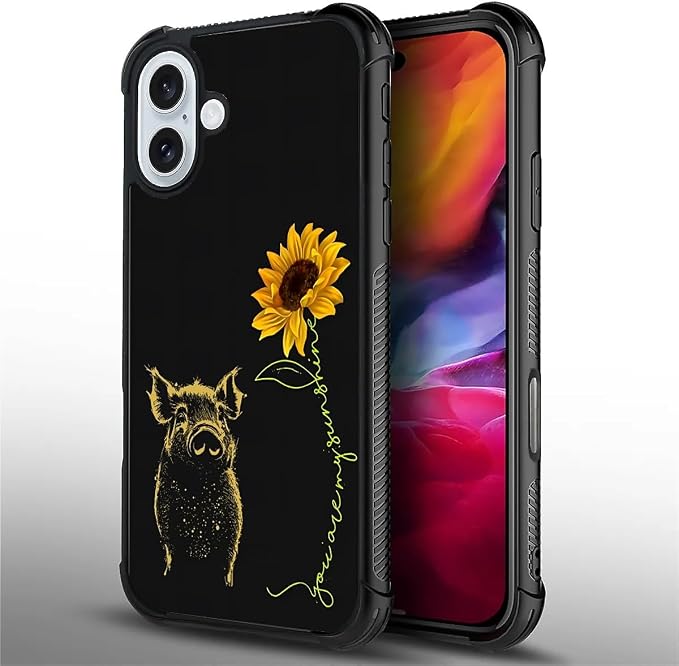 for iPhone 16 Plus Case, Pig Sunflower Yellow Sunshine Pattern Graphic Design - Image 2