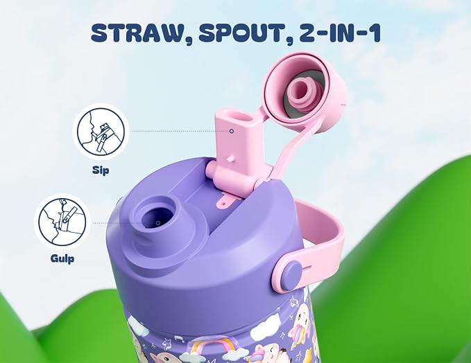 12 oz Insulated Water Bottle for Kids: 2-in-1 Straw Spout Lid, Spill-proof - Image 3