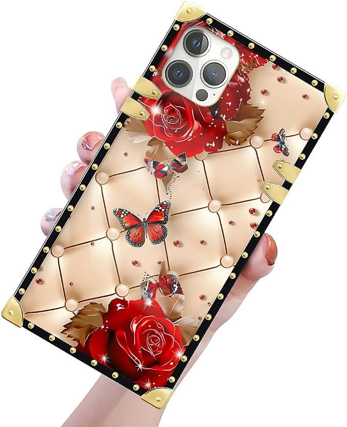 Compatible with iPhone 12 Pro Max Case, Shining Red Rose Butterfly Leather - Image 3