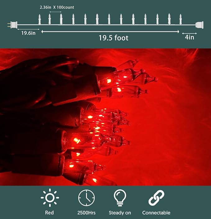 HISHINY Christmas Lights 100 Count Red Christmas Tree String Lights - Image 2