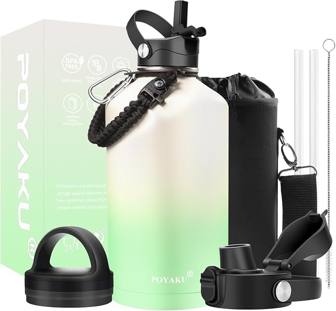 Water Bottle Insulated 32oz 40oz 64oz 128oz Straw Lid Spout Lid & 3 Lids by POYAKU