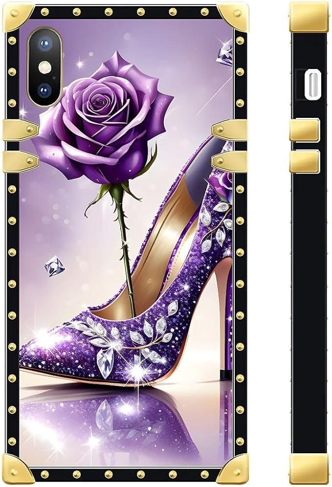 Compatible with iPhone XR Case, High Heeled Purple Diamond Rose Luxury Golden - Image 3