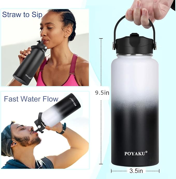 Water Bottle Insulated 32oz 40oz 64oz 128oz Straw Lid Spout Lid & 3 Lids - Image 3