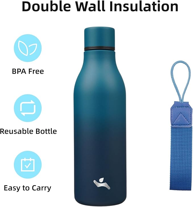 Insulated Water Bottle with Strap, 18 oz Double Wall Stainless Steel Vacuum - Image 3