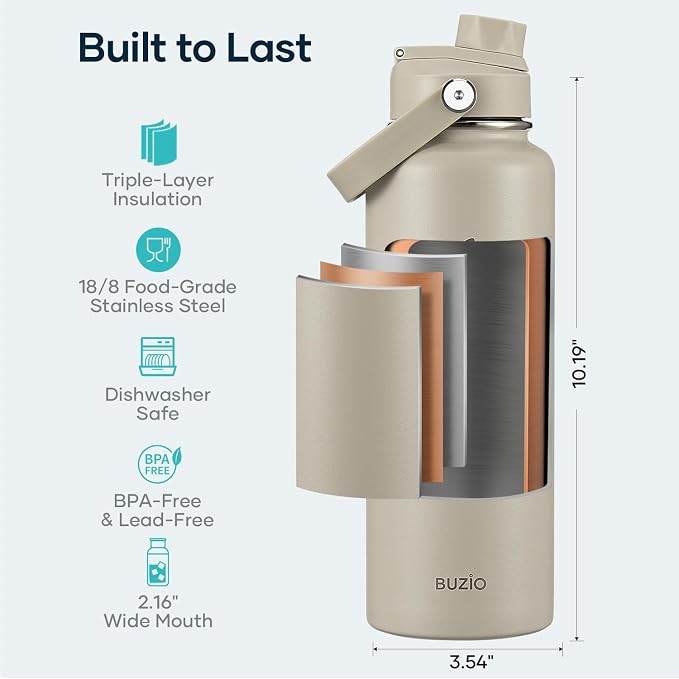 BUZIO 40 oz Water Bottle Insulated, Triple Wall Vacuum Stainless Steel Flask - Image 4