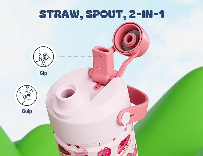 12 oz Insulated Water Bottle for Kids: 2-in-1 Straw Spout Lid, Spill-proof - Image 6
