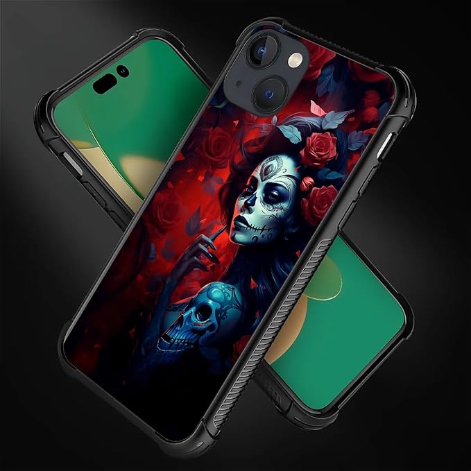 for iPhone 14 Case, Skull Lady Rose Pattern Graphic Design Girl Boy Soft - Image 3