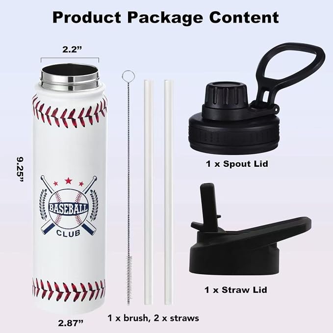 Baseball Water Bottle, 24 oz Insulated Stainless Steel Sports Bottle - Image 5