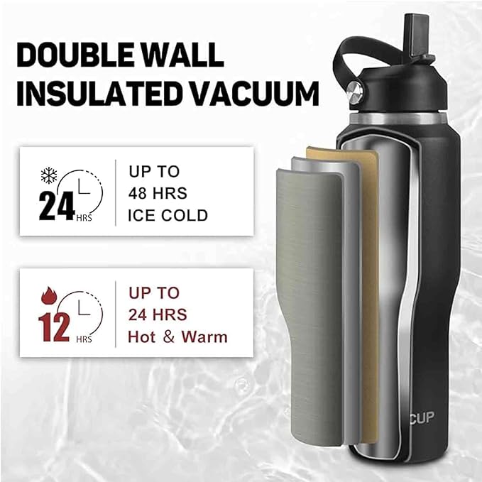 40oz Black Water Bottle Stainless Steel, Keep Cold 24H&Hot 12H, Water Bottle - Image 3