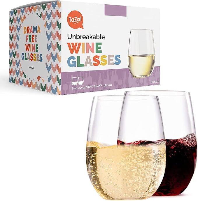 TaZa Outdoor Wine Glasses Stemless, 20oz Set of 2, Unbreakable Tritan Plastic by TaZa