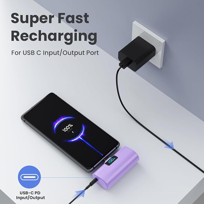 Small Portable Charger 5200mAh, Upgraded PD USB C Power Bank Built-in USB-C - Image 2